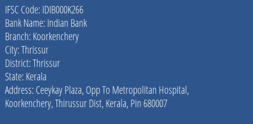 Indian Bank Koorkenchery Branch Thrissur IFSC Code IDIB000K266