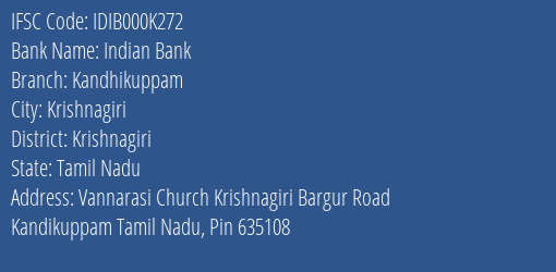 Indian Bank Kandhikuppam Branch Krishnagiri IFSC Code IDIB000K272