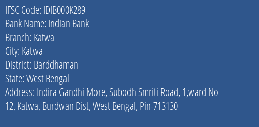 Indian Bank Katwa Branch IFSC Code