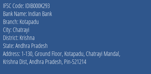 Indian Bank Kotapadu Branch Krishna IFSC Code IDIB000K293