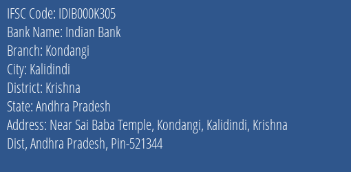 Indian Bank Kondangi Branch Krishna IFSC Code IDIB000K305