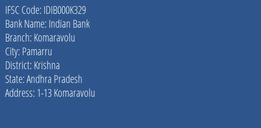 Indian Bank Komaravolu Branch Krishna IFSC Code IDIB000K329