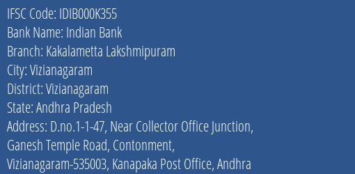 Indian Bank Kakalametta Lakshmipuram Branch, Branch Code 00K355 & IFSC Code Idib000k355