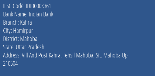 Indian Bank Kahra Branch IFSC Code