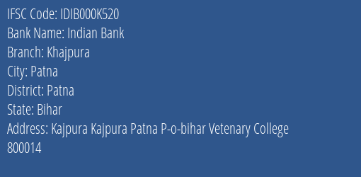 Indian Bank Khajpura Branch Patna IFSC Code IDIB000K520