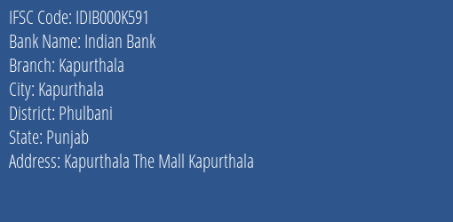 Indian Bank Kapurthala Branch, Branch Code 00K591 & IFSC Code Idib000k591