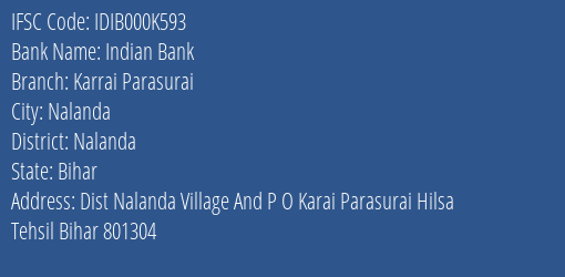 Indian Bank Karrai Parasurai Branch Nalanda IFSC Code IDIB000K593