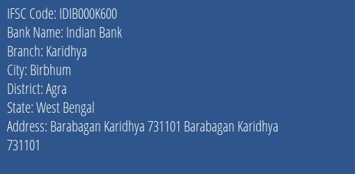 Indian Bank Karidhya Branch IFSC Code