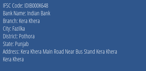 Indian Bank Kera Khera Branch, Branch Code 00K648 & IFSC Code Idib000k648