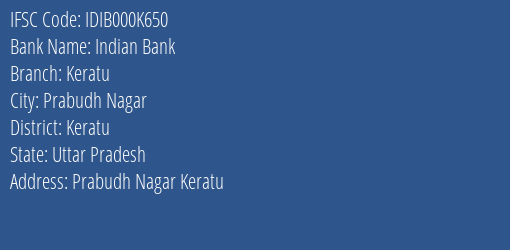 Indian Bank Keratu Branch, Branch Code 00K650 & IFSC Code IDIB000K650