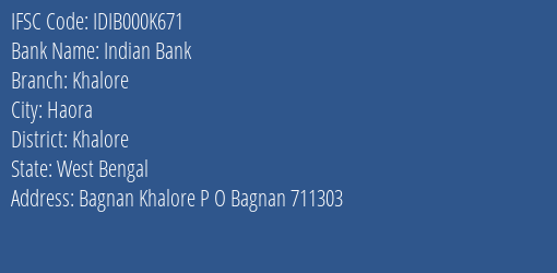 Indian Bank Khalore Branch Khalore IFSC Code IDIB000K671