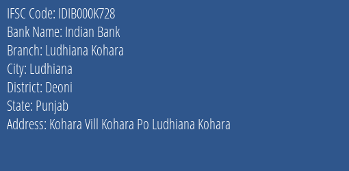 Indian Bank Ludhiana Kohara Branch Deoni IFSC Code IDIB000K728