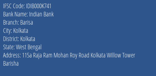 Indian Bank Barisa Branch Kolkata IFSC Code IDIB000K741
