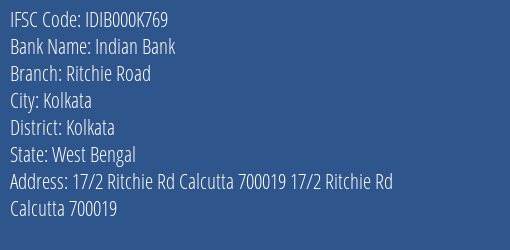 Indian Bank Ritchie Road Branch, Branch Code 00K769 & IFSC Code IDIB000K769