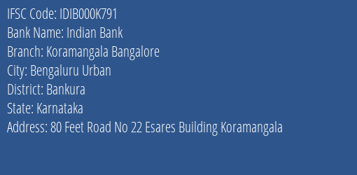 Indian Bank Koramangala Bangalore Branch IFSC Code