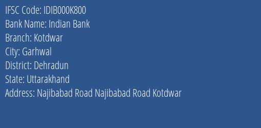 Indian Bank Kotdwar Branch IFSC Code