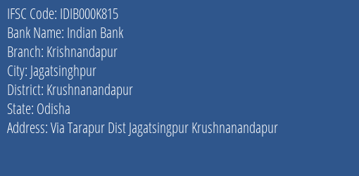 Indian Bank Krishnandapur Branch, Branch Code 00K815 & IFSC Code IDIB000K815