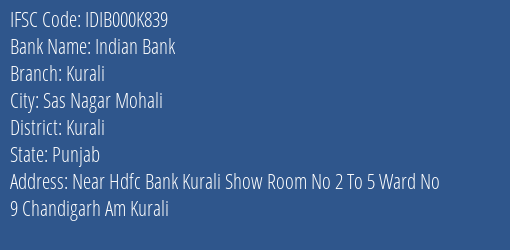 Indian Bank Kurali Branch Kurali IFSC Code IDIB000K839
