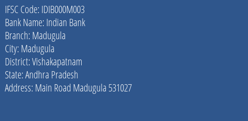 Indian Bank Madugula Branch, Branch Code 00M003 & IFSC Code IDIB000M003
