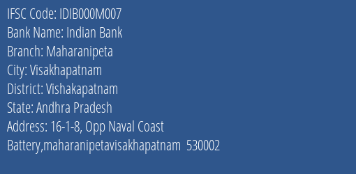 Indian Bank Maharanipeta Branch Vishakapatnam IFSC Code IDIB000M007