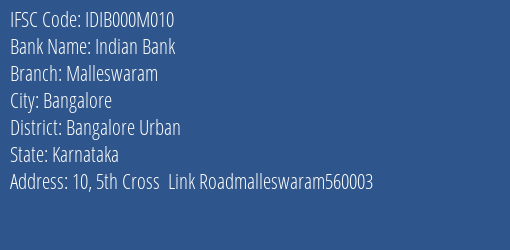 Indian Bank Malleswaram Branch IFSC Code