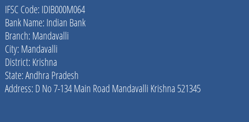 Indian Bank Mandavalli Branch Krishna IFSC Code IDIB000M064