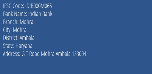 Indian Bank Mohra Branch, Branch Code 00M065 & IFSC Code IDIB000M065