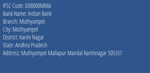 Indian Bank Muthyampet Branch Karim Nagar IFSC Code IDIB000M066