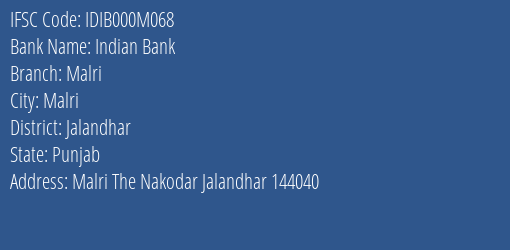 Indian Bank Malri Branch Jalandhar IFSC Code IDIB000M068