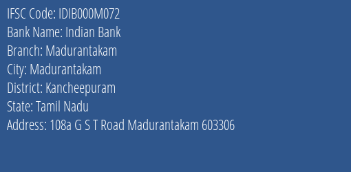 Indian Bank Madurantakam Branch Kancheepuram IFSC Code IDIB000M072