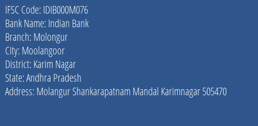 Indian Bank Molongur Branch Karim Nagar IFSC Code IDIB000M076