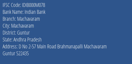 Indian Bank Machavaram Branch Guntur IFSC Code IDIB000M078