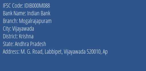 Indian Bank Mogalrajapuram Branch Krishna IFSC Code IDIB000M088