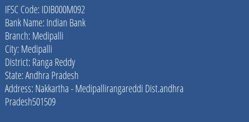 Indian Bank Medipalli Branch Ranga Reddy IFSC Code IDIB000M092