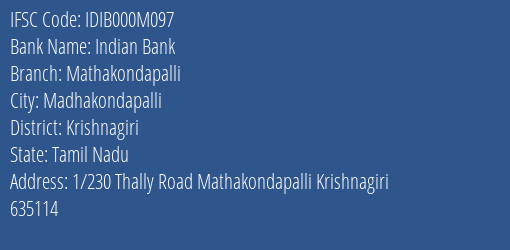 Indian Bank Mathakondapalli Branch Krishnagiri IFSC Code IDIB000M097