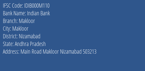Indian Bank Makloor Branch Nizamabad IFSC Code IDIB000M110