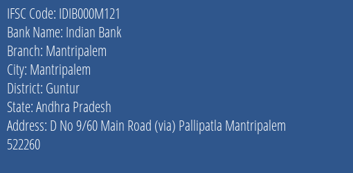 Indian Bank Mantripalem Branch Guntur IFSC Code IDIB000M121