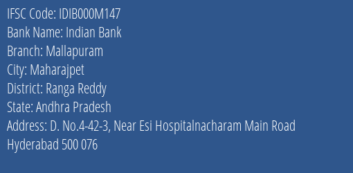 Indian Bank Mallapuram Branch Ranga Reddy IFSC Code IDIB000M147