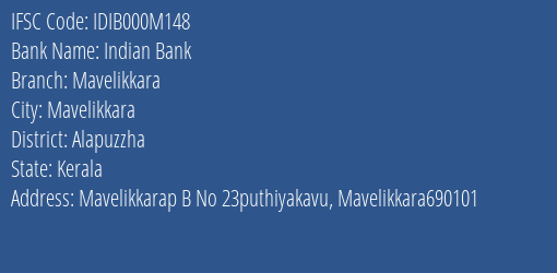 Indian Bank Mavelikkara Branch, Branch Code 00M148 & IFSC Code IDIB000M148