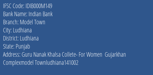 Indian Bank Model Town Branch Ludhiana IFSC Code IDIB000M149