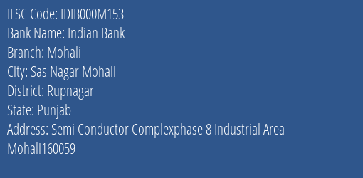 Indian Bank Mohali Branch Rupnagar IFSC Code IDIB000M153