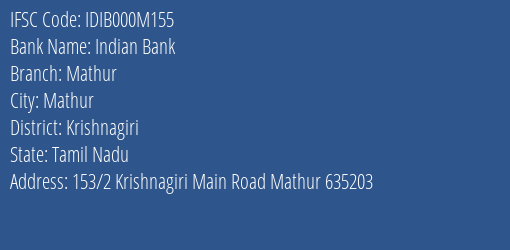 Indian Bank Mathur Branch Krishnagiri IFSC Code IDIB000M155
