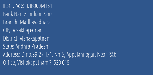 Indian Bank Madhavadhara Branch, Branch Code 00M161 & IFSC Code IDIB000M161
