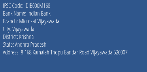 Indian Bank Microsat Vijayawada Branch Krishna IFSC Code IDIB000M168