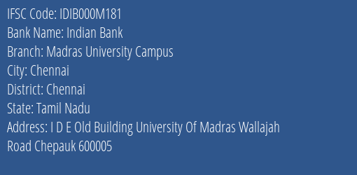 Indian Bank Madras University Campus Branch IFSC Code