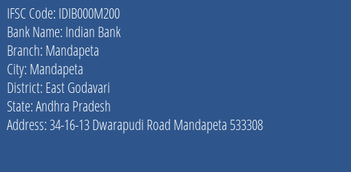 Indian Bank Mandapeta Branch East Godavari IFSC Code IDIB000M200
