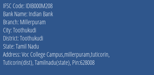 Indian Bank Millerpuram Branch Toothukudi IFSC Code IDIB000M208