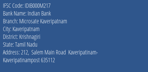 Indian Bank Microsate Kaveripatnam Branch Krishnagiri IFSC Code IDIB000M217