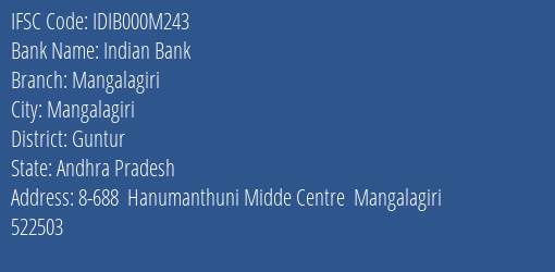 Indian Bank Mangalagiri Branch Guntur IFSC Code IDIB000M243