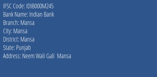 Indian Bank Mansa Branch Mansa IFSC Code IDIB000M245